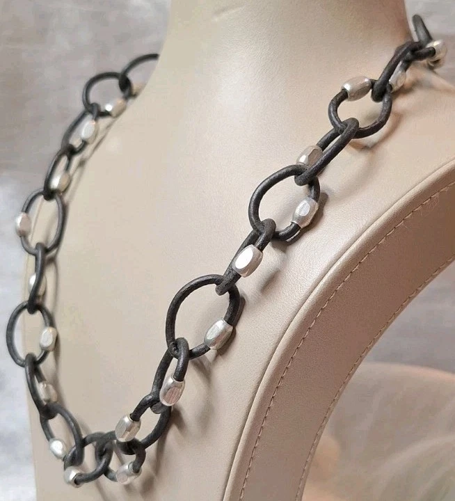 Collar de cadena de cuero de colección y pulsera a juego 2 piezas acento plateado punk rock Foto 3 de 4