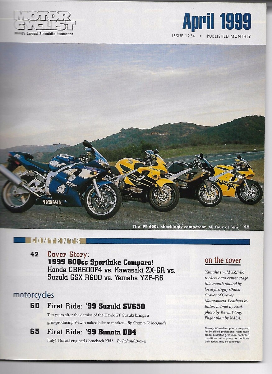 Motorcyclist Magazine April 1999- Honda CBR600F4, Yamaha YZF-R6