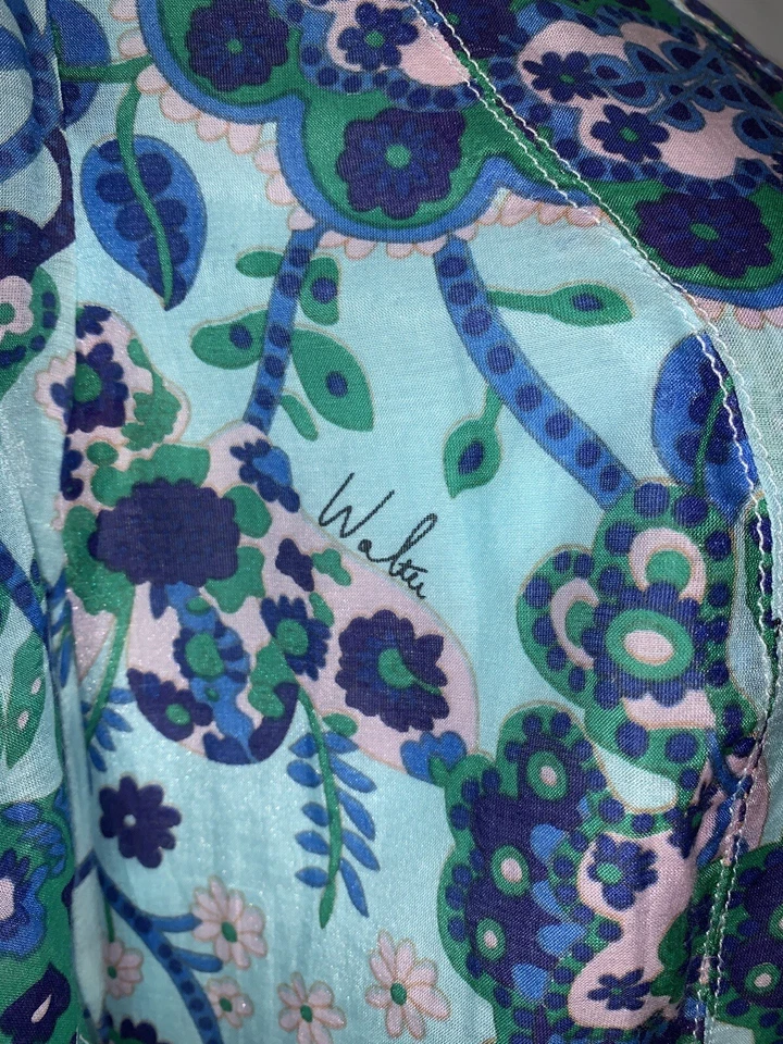 Walter Blouse Size 8 Silk Cotton Walter Baker Blue Ruffle Aqua Floral VGUC - Image 4 of 4