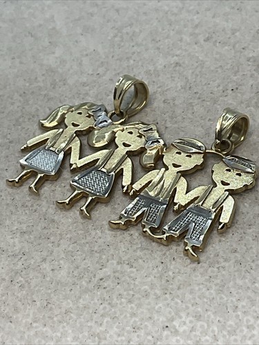 CUTE Solid 14K Two Tone Gold Diamond Cut TWO BOYS & TWO GIRLS Charm Pendant 3.2g - Picture 3 of 17