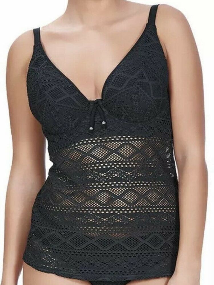 Freya Sundance Tankini Top Black Size 30GG Padded Plunge Bra Lined Crochet 3972