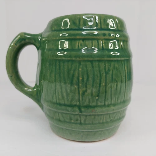 Nelson McCoy Barrel Mug 1920s Green Glaze Stoneware Pottery Circle Shield 4 Mark