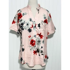 Women's Polyester Floral Print Split Neck Short Sleeve Top Pink Size Large
