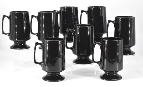 Set of 8 VTG Hall Pottery Black Ceramic Footed Pedestal Irish Coffee Mugs #1873