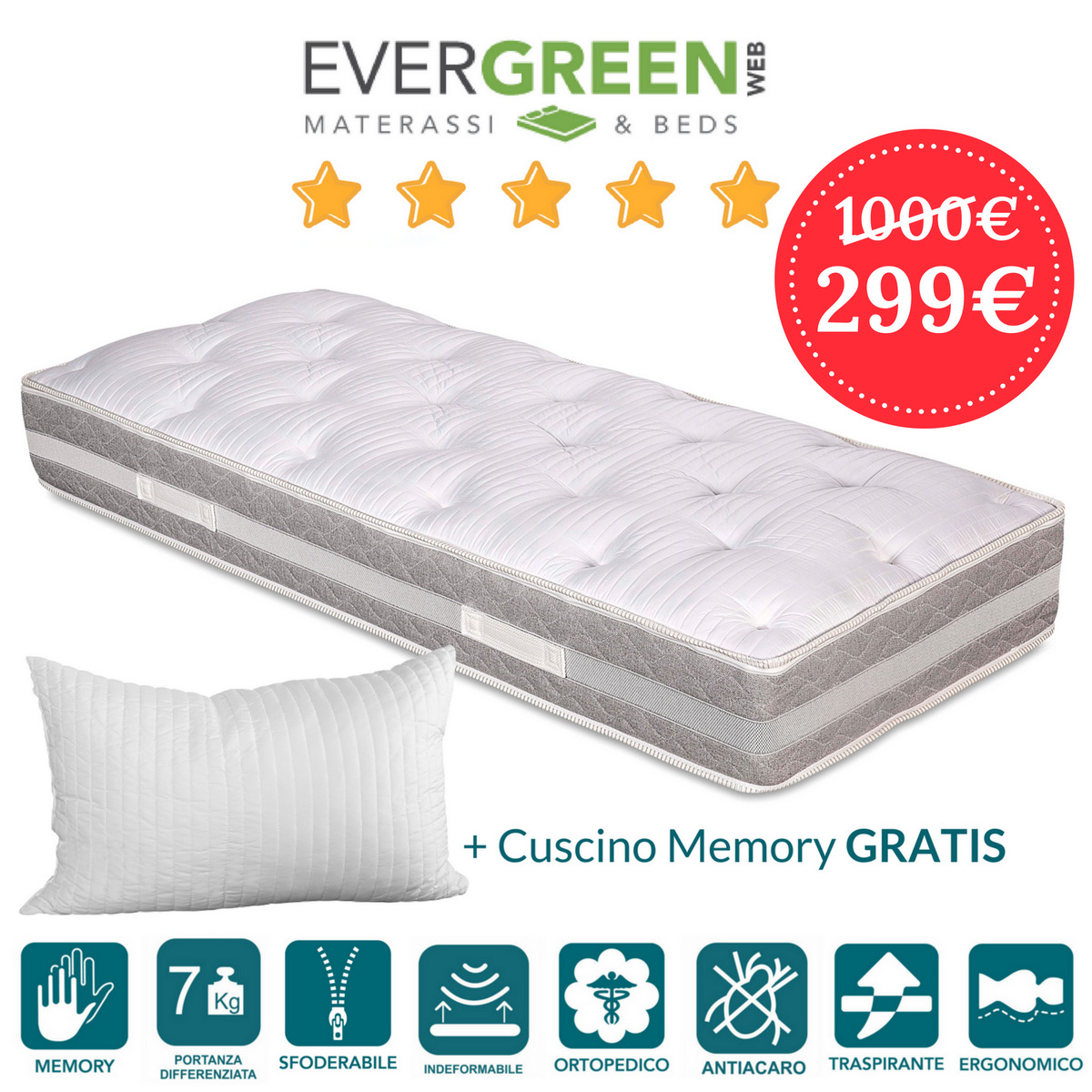 Materasso 1 Piazza e Mezza 120x190 con Topper Memory Foam Sfoderabile alto  25