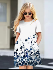 Girls Short Sleeve Round Neck Dress With Pocket