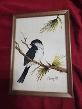 Elaine C '80 Chickadee Reverse Painting On Glass Art Wood Frame 7-1/4" X 10”
