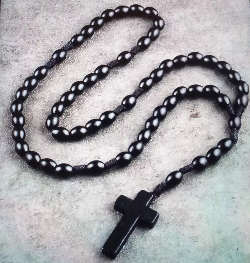 ROSARY CROSS WOODEN Black BEAD NECKLACE sweet Item Gothic Gift See Pics