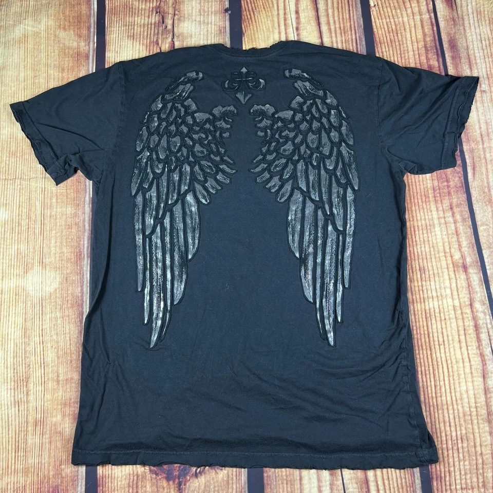 Camiseta Affliction Para Hombre XL Negra Plateada Envejecida Viva Rápida Ráfaga Alas Flor Foto 2 de 4