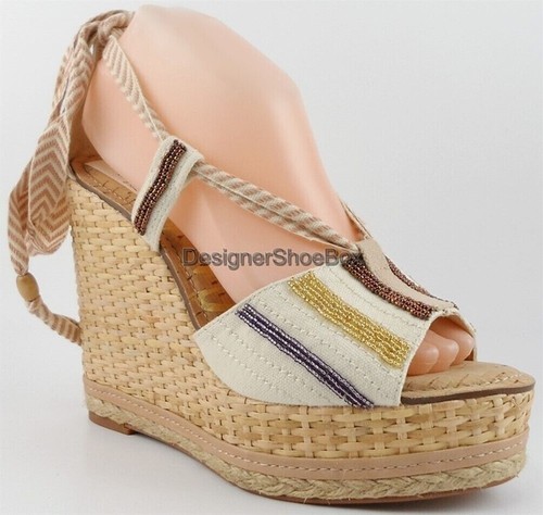 $175 SAM EDELMAN TREY Metallic Cream Canvas Designer Platform Wedges 8.5 - Picture 3 of 6