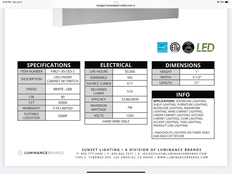 sunset lighting f9821-30-led-2    21”x 3.5” x 1” 7 Watt Led 3000 K  Pack Of 4 - Image 2 of 2