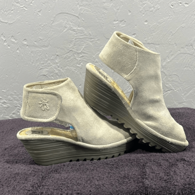 FLY LONDON Yone Gray Suede Leather Peep Toe Wedges EU 38 / US 7.5-8 -  PERFECT | eBay