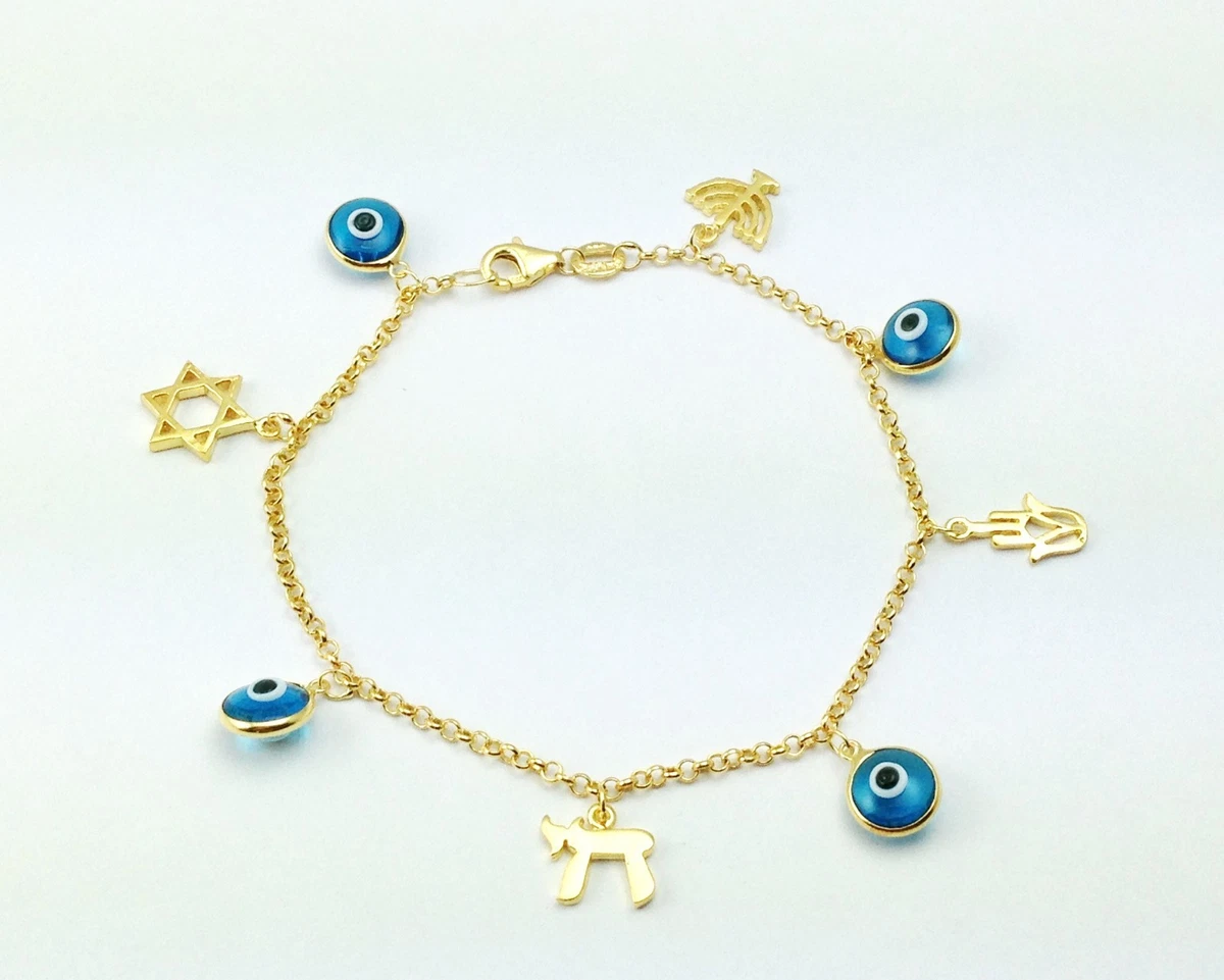 Evil Eye Hamsa David Star Chai Menorah Charm Bracelet Silver Gold