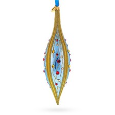 Blue and Gold Jeweled Vine Elongated Pointed Teardrop Finial Glass Ornament