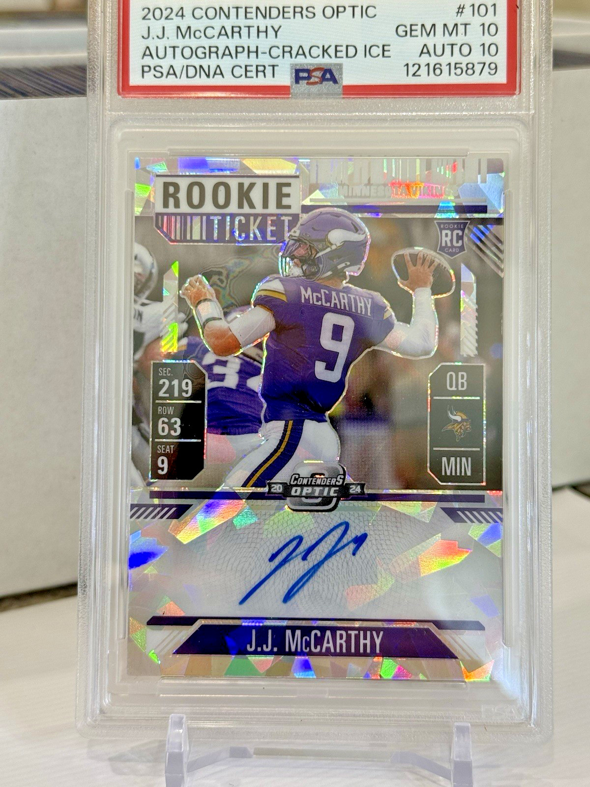 2024 Panini Contenders Optic Cracked Ice RC Ticket Auto J.J. McCarthy /22 PSA 10