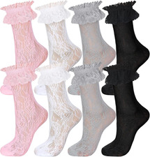 4 Pairs Lace Ruffle Frilly Socks for WomenLace Ankle Socks with Bow Ruffle Socks