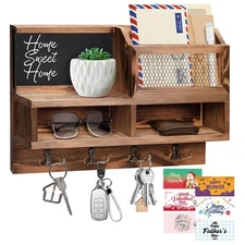 Key Holder Wall Mount Wooden Mail and Key Organizer with Chalkboard and Mirro...