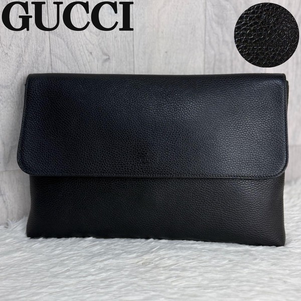 GUCCI Diamante Clutch Bag Black Leather Handbag A4 Size Women's