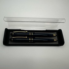 Navy Blue Pen Set and Case Gold Trim Blue Ink Vintage