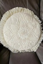 Handmade Crochet 16" Diameter Round Ruffled Ecru Decorative Pillow Cottage