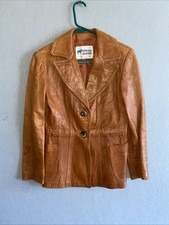Vtg 70s Sheep Mates Womens Leather Jacket Blazer Burnt Orange Cognac Disco Boho