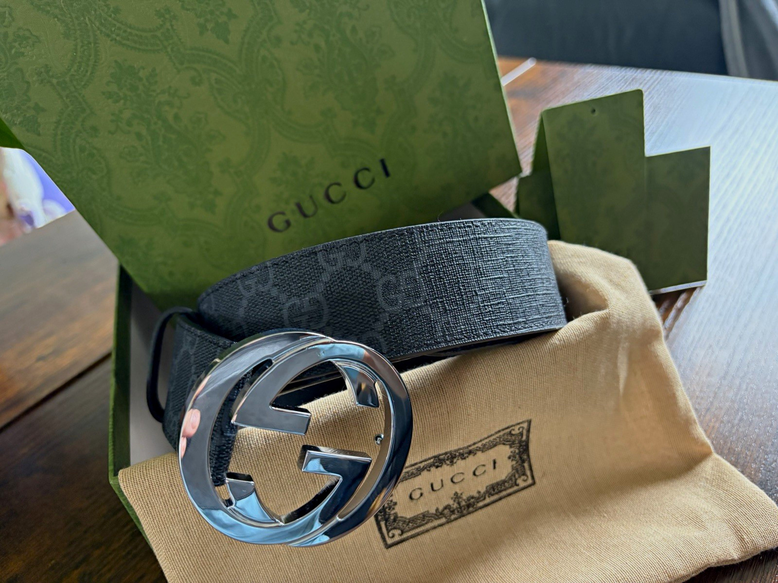 Gucci GG Monogram Leather Belt Black/Grey Silver Interlocking G Buckle 110