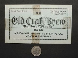 1930's U Permit beer label OLD CRAFT BREW Menominee MI