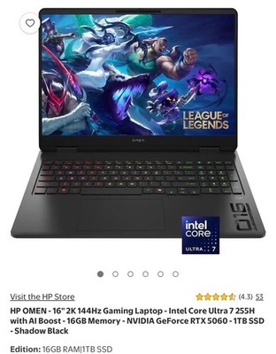 HP OMEN 16 16in QHD Gaming Core Ultra 7 255H 16GB 1TB SSD RTX 5060 Win11