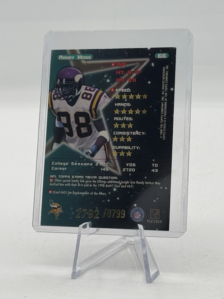 1998 TOPPS STARS #66 RANDY MOSS ROOKIE RC #2792/8799 MINNESOTA VIKINGS - Image 4 of 4