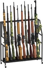 Gun Racks, 32W Rifle Rack with Metal Frame and Wheels, Wooden Adjustable Shotgun