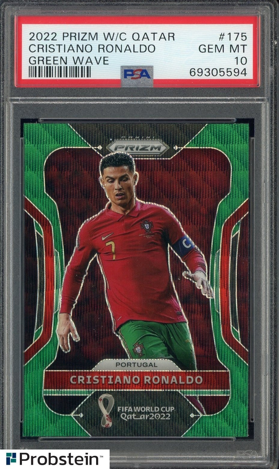 2022 Panini Green Wave Prizm World Cup Soccer #175 Cristiano Ronaldo PSA 10 view 1