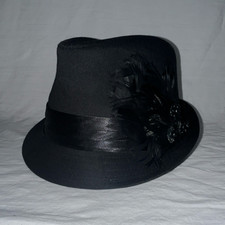 Black Women's Fedora Hat Wide Brim Feather Beaded Accent 80/20 Blend One Size
