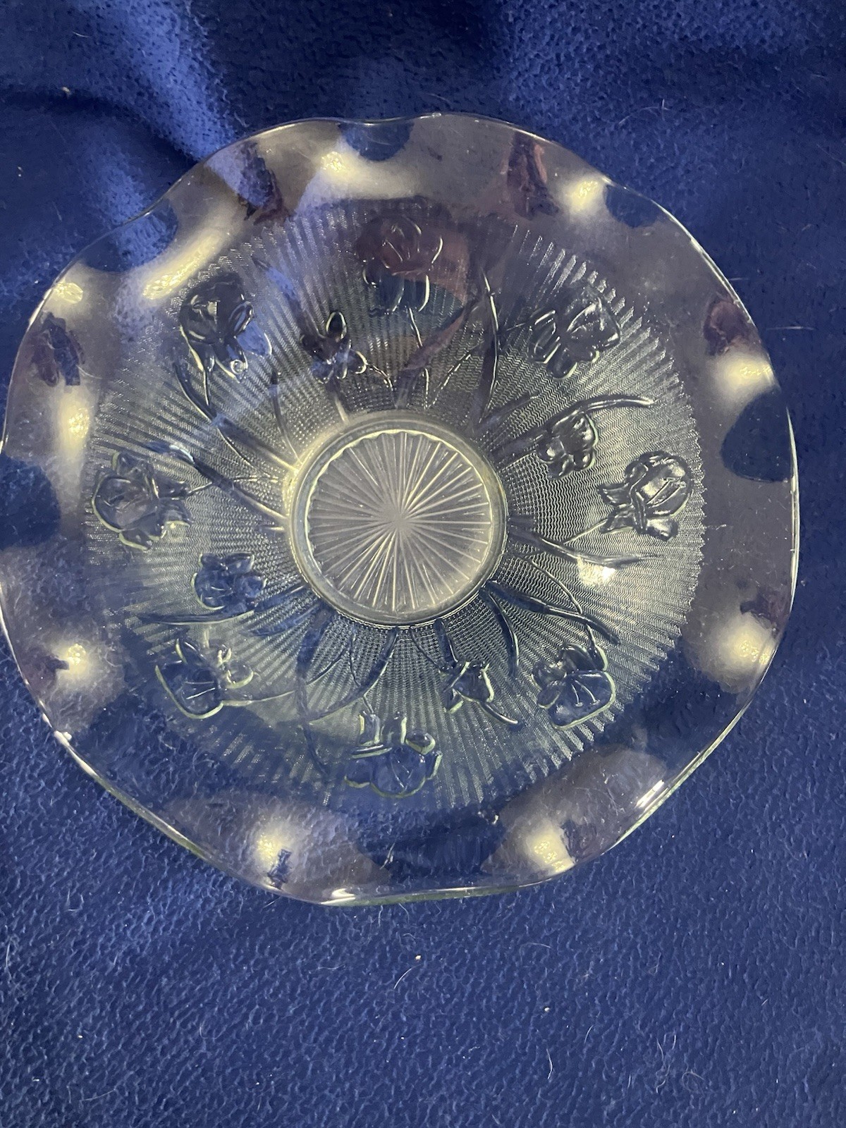 Vintage 1930s Jeanette Glass Clear Iris & Herringbone 11” Bowl