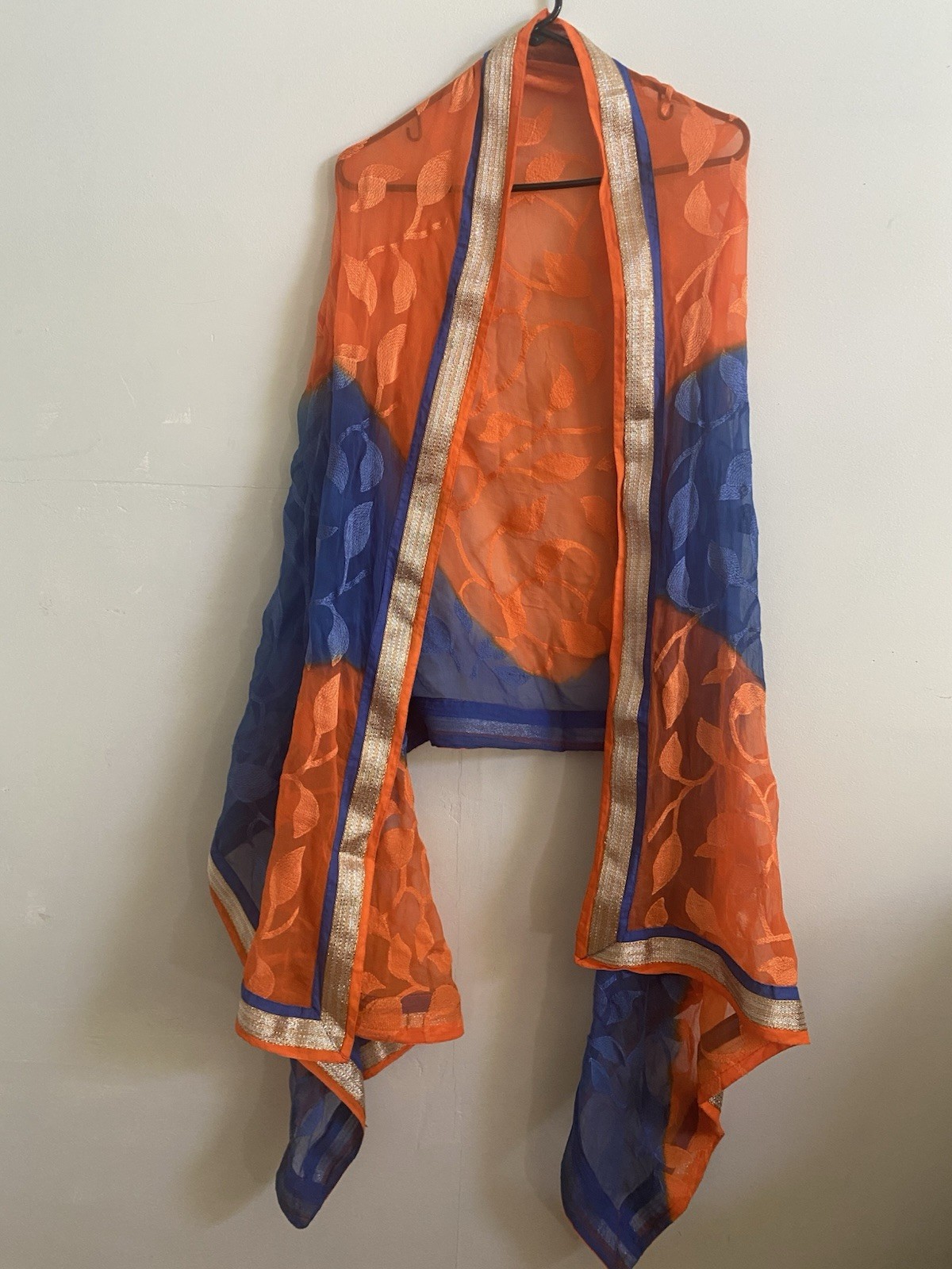Sheer Saree Orange Blue Leaf Pattern Decorative B… - image 1