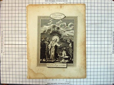 Original alter antiker Druck Matthäus Szene Christus heilende Frau