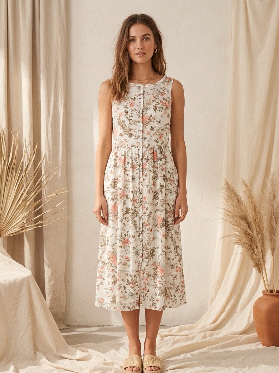 Frye Floral Sleeveless Midi Dress Women’s M Cottegecore Boho Rayon Button Front