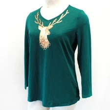 Quacker Factory Plus Christmas gold sequins reindeer Tunic Top Shirt Slits 1X