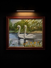 SIGNED SWAN OIL PAINTING Framed Vintage Lake Scene Wall Art 35x29.5cm