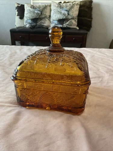 Vintage Indiana Tiara Honey Bee Beehive Candy Dish "AMBER" Very Desirable Color - Picture 2 of 6