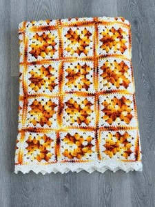 VTG Afghan Granny Flower Knitted Crochet Throw Blanket Orange Yellow 45” x 69”