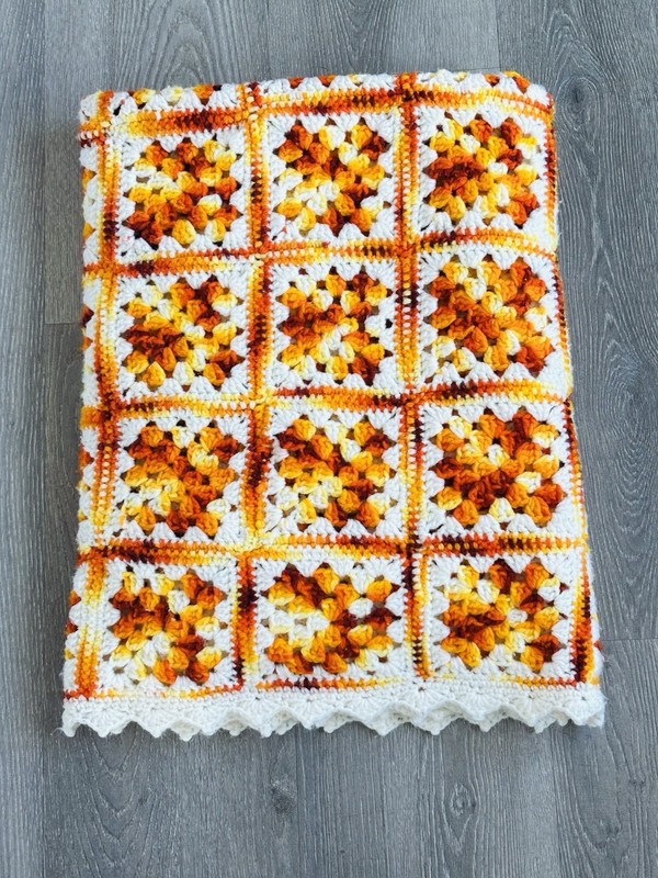 VTG Afghan Granny Flower Knitted Crochet Throw Blanket Orange Yellow 45” x 69”