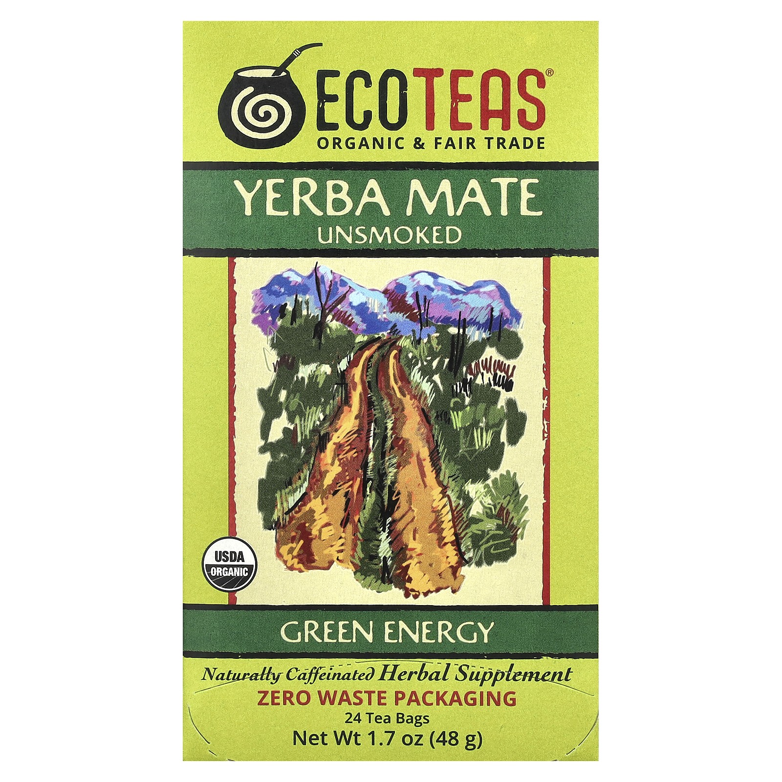 Мате, Зеленая энергия, некуреный, 24 пакетика, 1,7 унции (48 г)