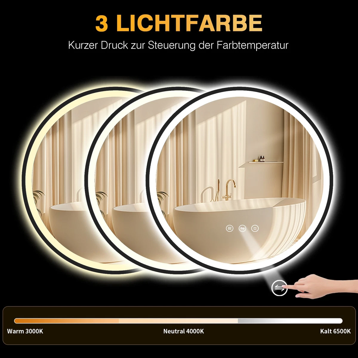 Rund Badspiegel mit LED Beleuchtung Beschlagfreier Wandspiegel Badezimmer