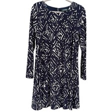 Lauren Ralph Lauren Dress Size 6 Navy White Geometric Long Sleeve Aztec Classic