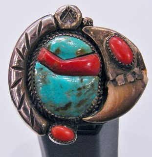 Stunning Large Navajo Turquoise Coral & Faux Bear Claw Men's Ring Size 11.5