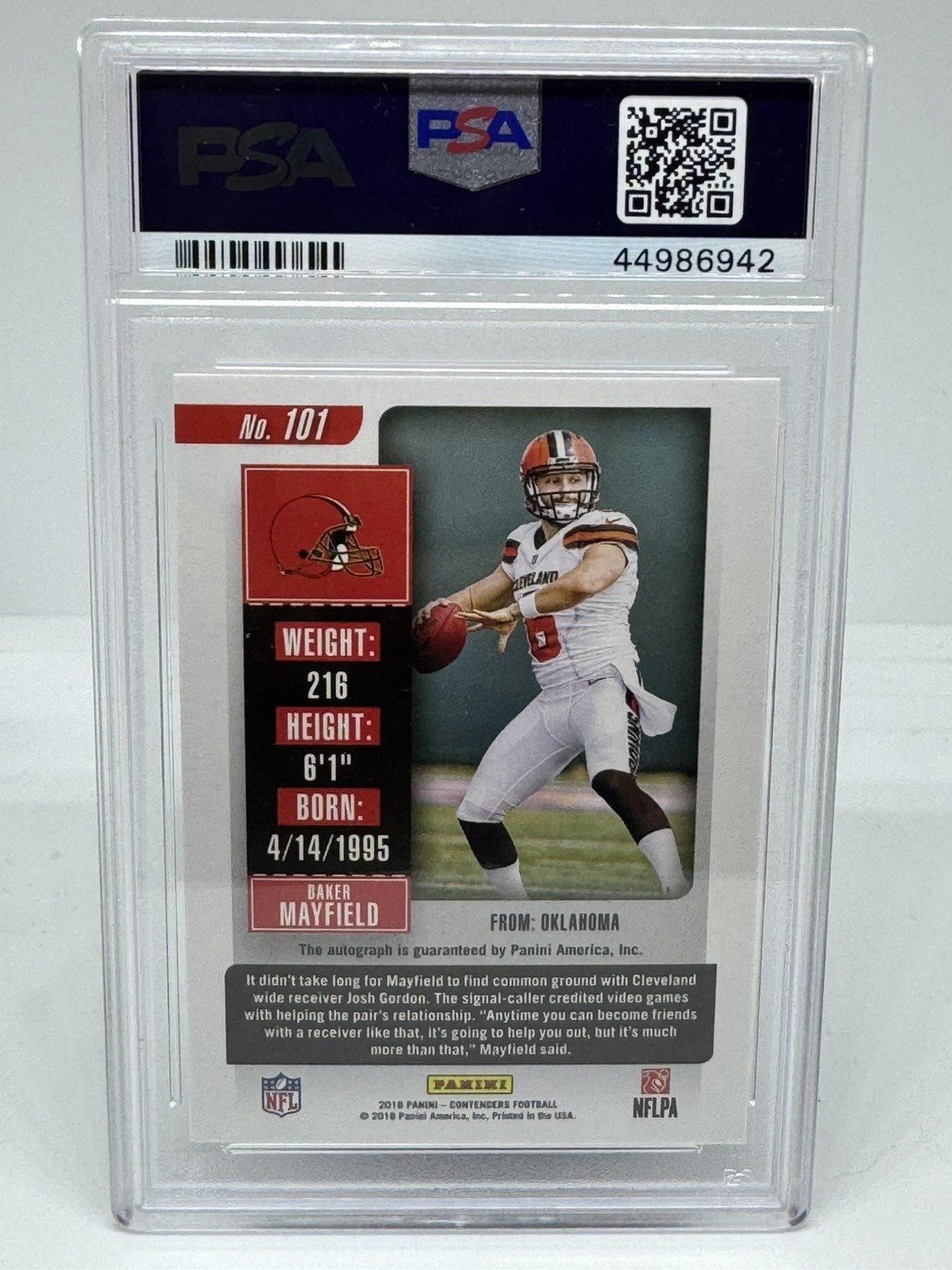 2018 Panini Contenders - Baker Mayfield RC Rookie Ticket Auto #101 PSA 10 GEM MT view 2