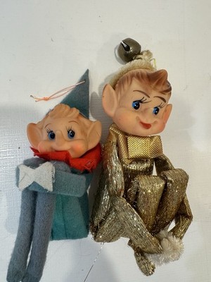Vintage 2 Elf Knee Hugger Pixie Shelf Sitter Felt Christmas Ornament Green Gold