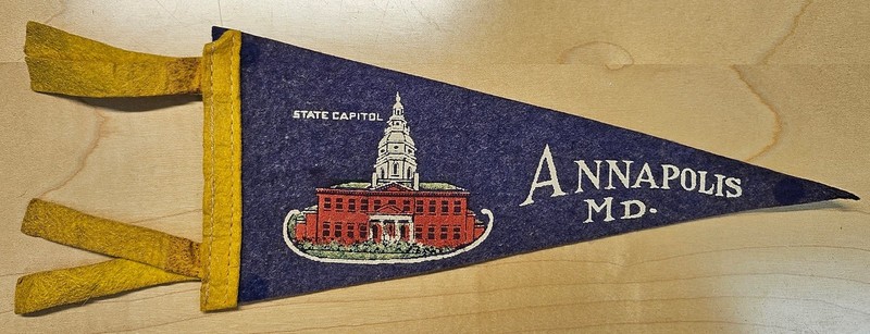Vintage Small Navy Blue and Yellow Felt Annapolis, MD Pennant | 1940s-1950s