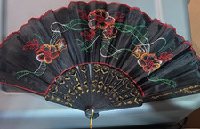 Victorian Style Black Hand Fan Embroidered Floral Gold Detail Fabric Party