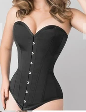 Corset Story Black Satin Longline Instant Shape Steel Boned Corset Top Size 6UK